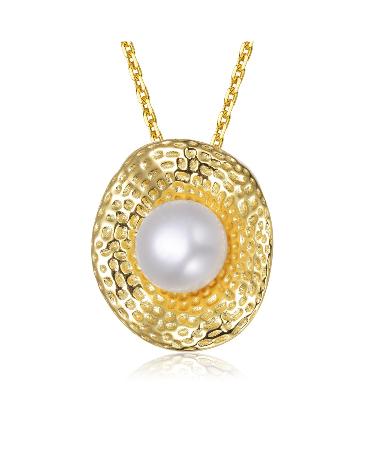 Sterling Silver 14K Gold Plated with Genuine Freshwater Pearl Hammered Pendant Necklace - Gold