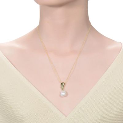 Sterling Silver 14K Gold Plated with Genuine Freshwater Pearl Drop Pendant Necklace