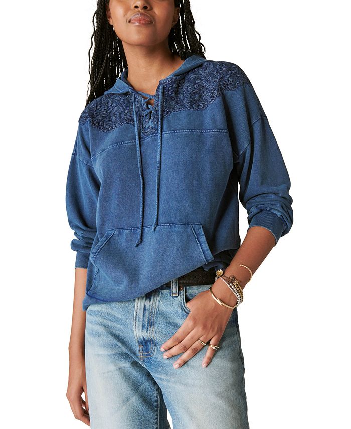 Lucky Brand Women's Embroidered Lace Up Hoodie Pullover Sweater - Macy's