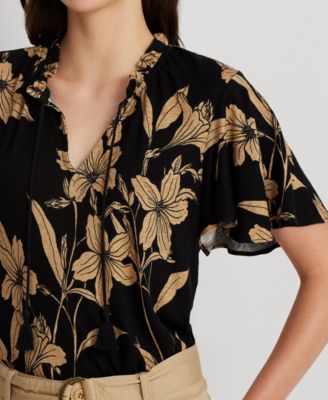 ラルフ・ローレン Lauren Ralph Lauren Floral Linen-Blend Jersey Tie-Neck Top レディース シ Lauren Ralph Lauren Women's Floral Linen-Blend Jersey Tie