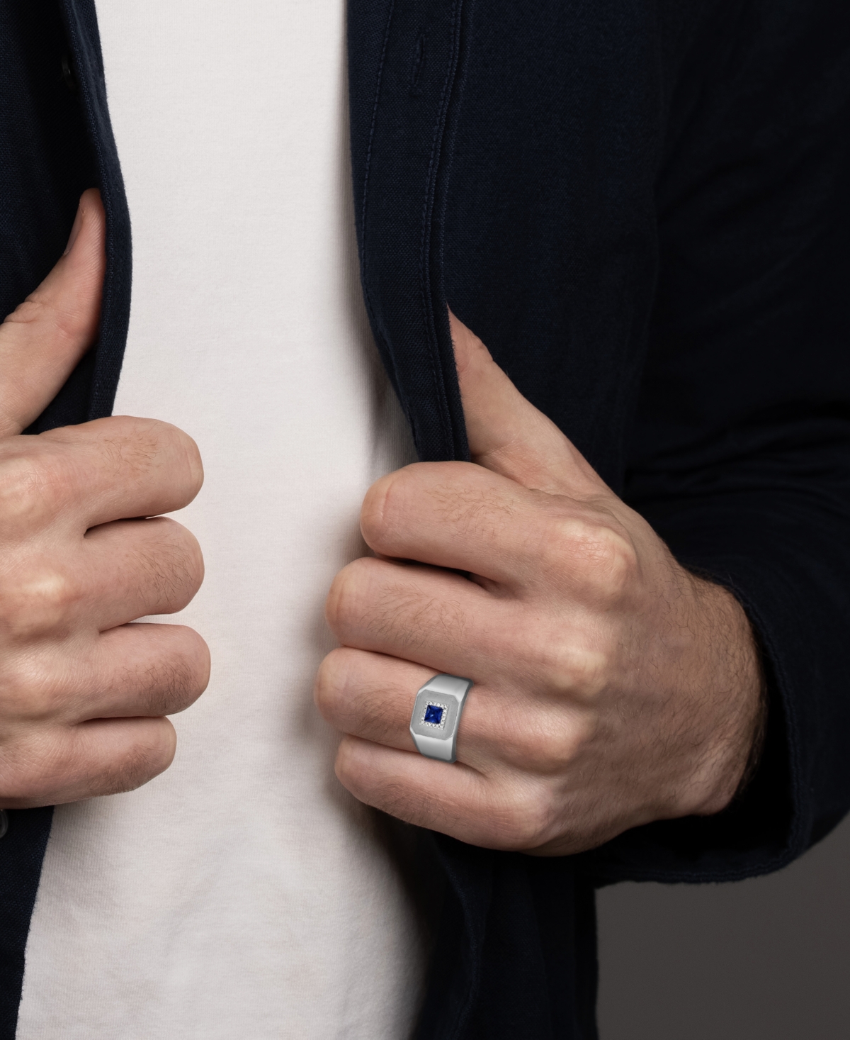 Men's Lab Created Sapphire (1/2 ct. t.w.) & Diamond (1/10 ct. t.w.) Ring in Sterling- Silver