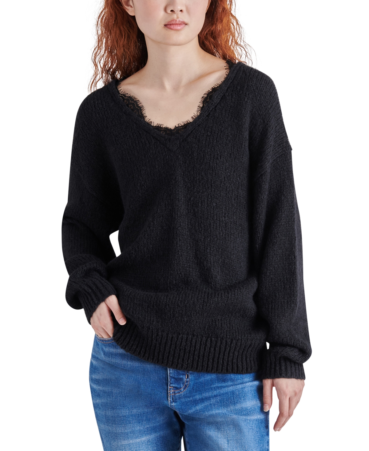 Steve Madden Women's Masha Lace-trim V-neck Sweater In Black