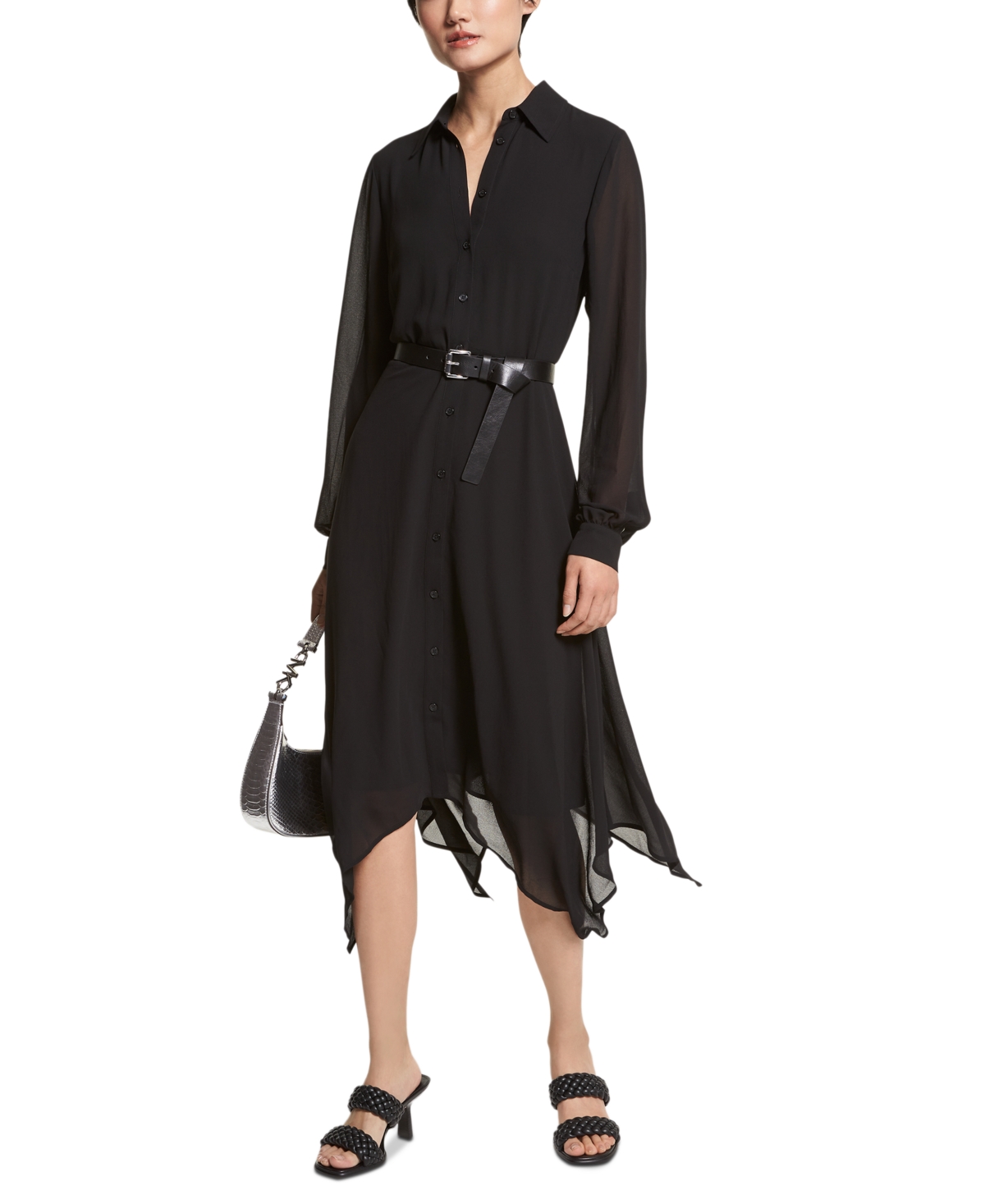 Michael Kors Michael  Women's Handkerchief Hem Midi Shirtdress In Black