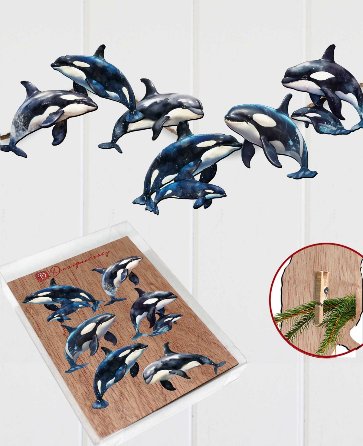 Designocracy Holiday Wooden Clip-on Ornaments Majestic Orcas Set Of 6 G. Debrekht In Multi Color