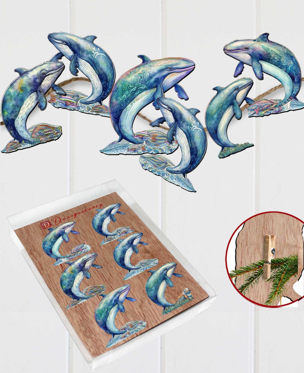 Shop Designocracy Holiday Wooden Clip-on Ornaments Whale's Melody Set Of 6 G. Debrekht In Multi Color