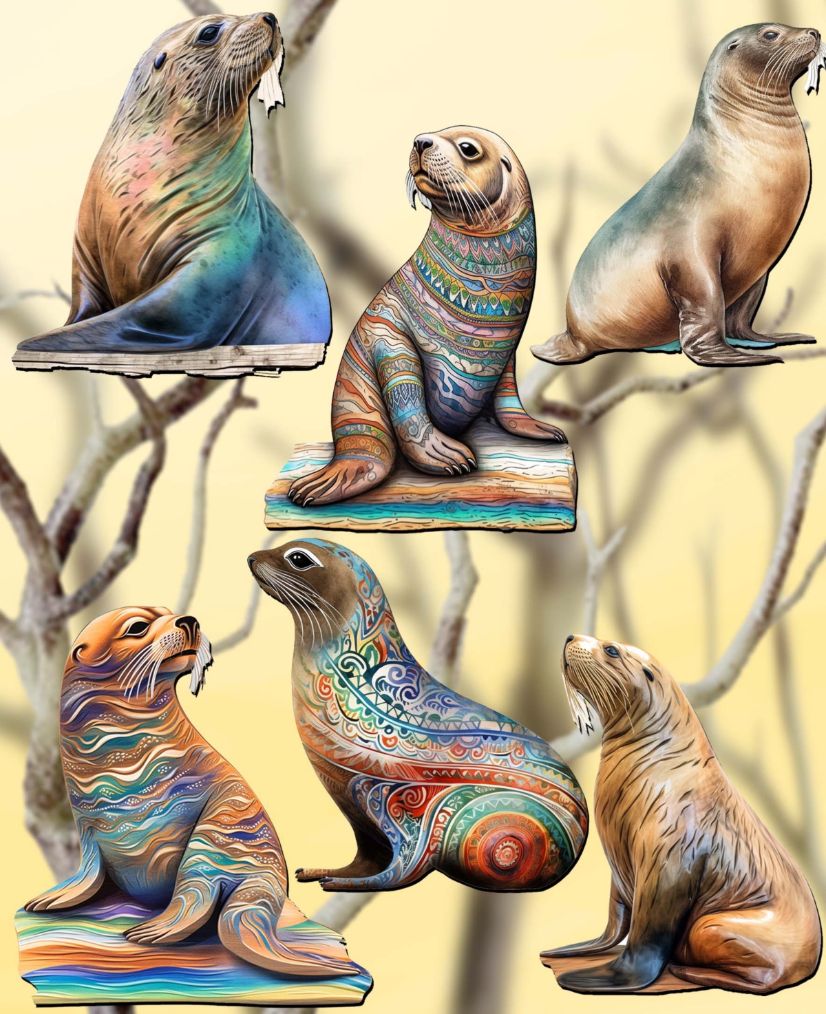 Designocracy Holiday Wooden Clip-on Ornaments Coastal Sea Lions Set Of 6 G. Debrekht In Multi Color