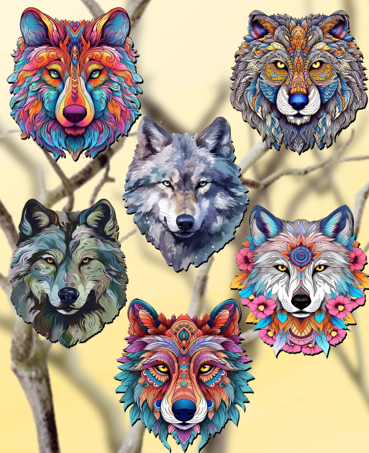 Designocracy Holiday Wooden Clip-on Ornaments Enigmatic Wolves Set Of 6 G. Debrekht In Multi Color