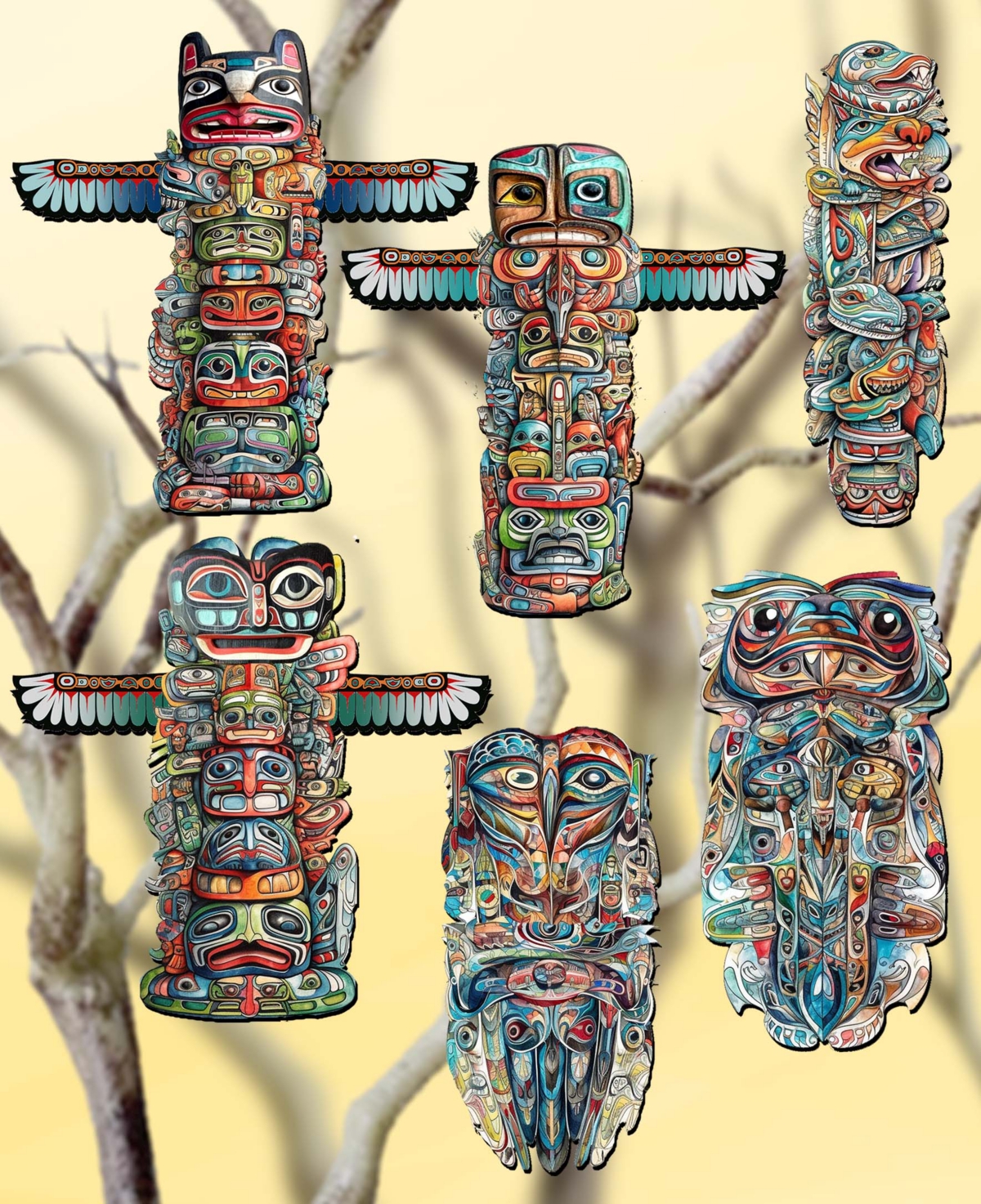 Designocracy Holiday Wooden Clip-on Ornaments Spirit Of The Totem Set Of 6 G. Debrekht In Multi Color