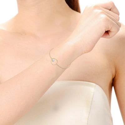 14k Gold Plated with White Genuine Freshwater Pearl Solitaire Asymmetrical Wire Halo Delicate Bracelet