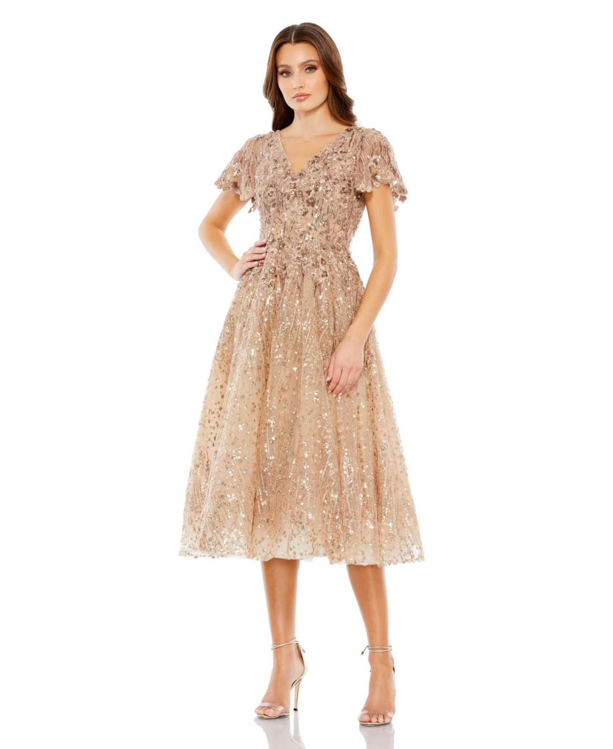 Mac Duggal Embellished Butterfly Fit And Flare Tea-length Dress In Taupe
