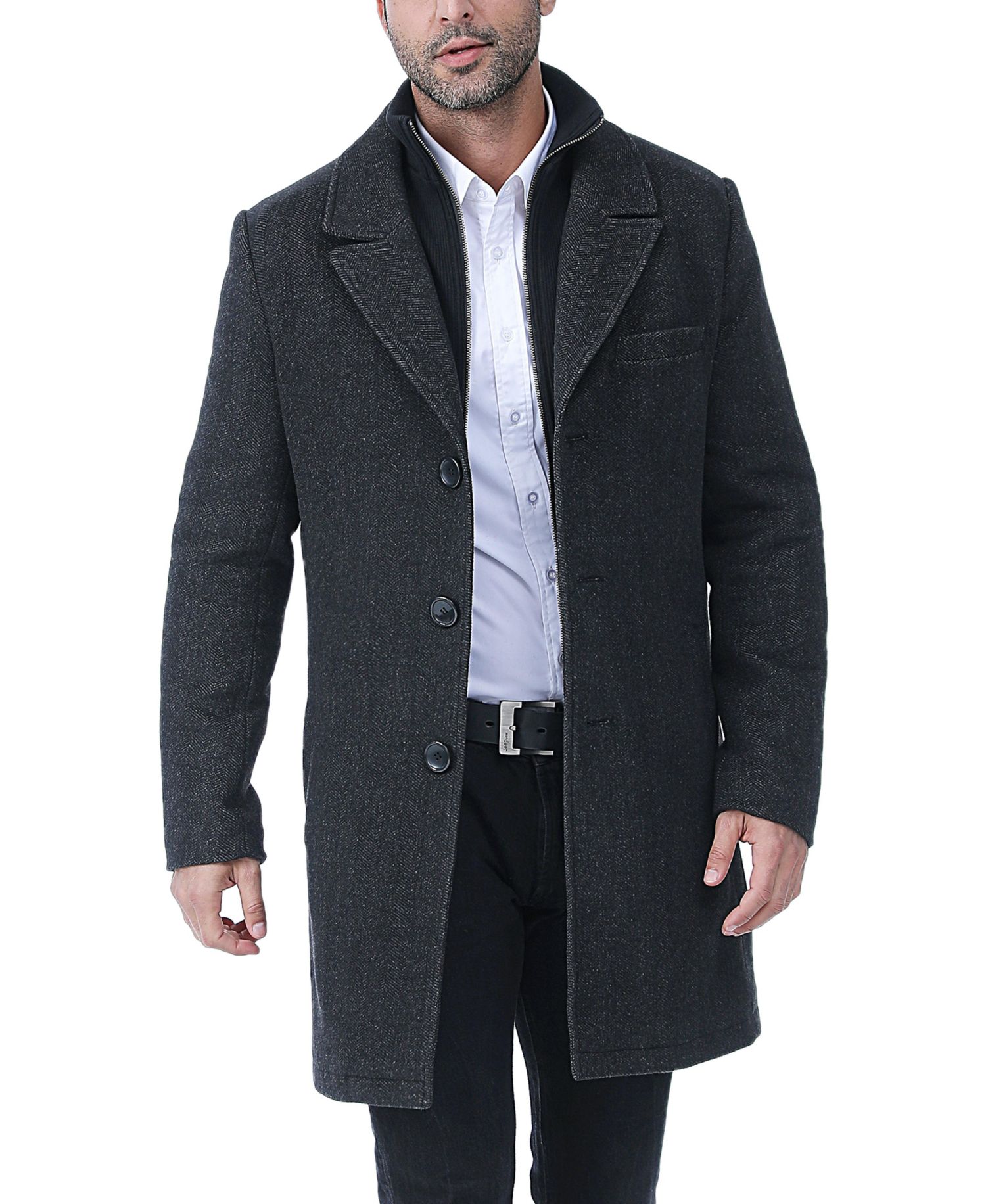 Men's Leon Herringbone Wool Blend Coat with Removable Bib