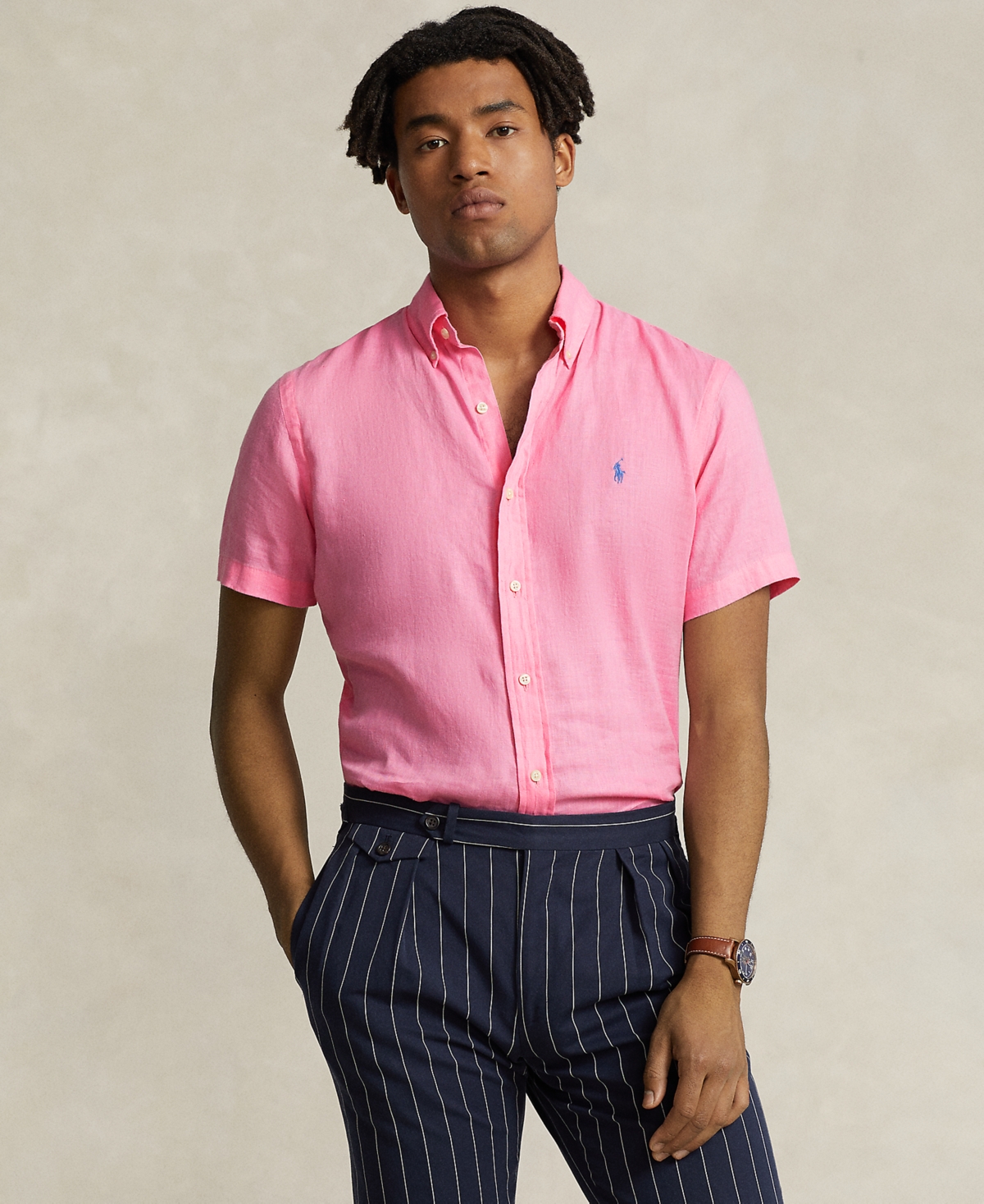 Shop Polo Ralph Lauren Men's Short-sleeve Linen Button-up In Harbor Pink
