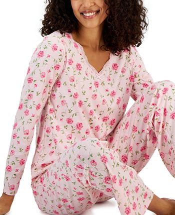 Charter Club Women's Cotton Long-Sleeve Lace-Trim Pajamas Set