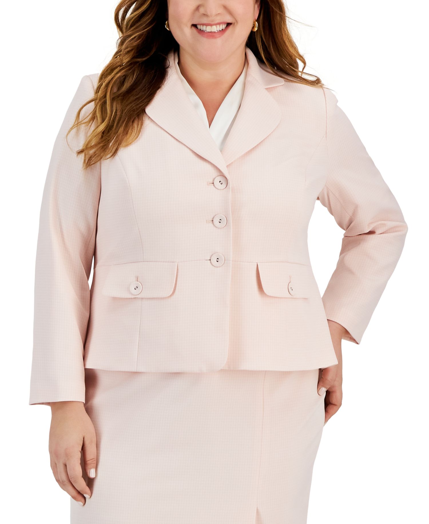 Plus Size Tonal-Check-Print 3-Button 2 Piece Skirt Suit