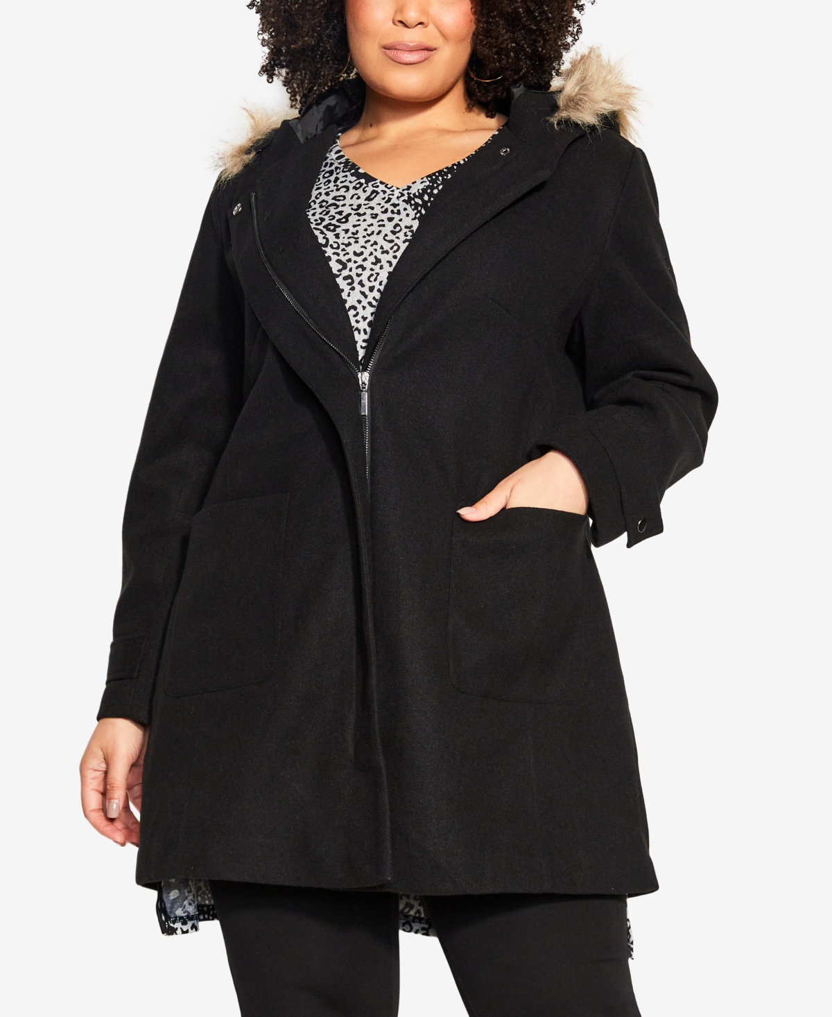 Avenue Plus Size Voyager Faux Wool Hidden Zip Coat In Black