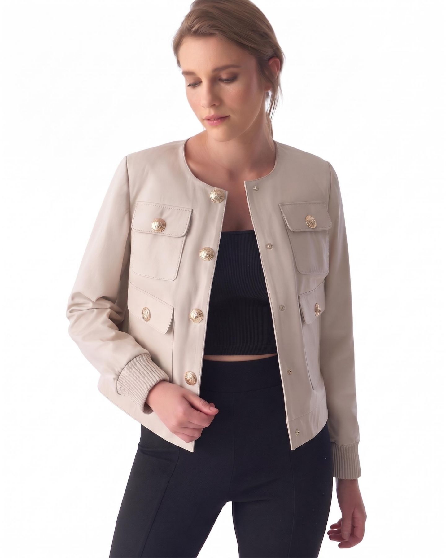 Женская куртка Furniq UK Collarless Stunning Studs Closure Leather Jacket, Beige — фото 1