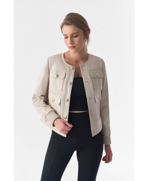 Женские куртки Furniq UK Collarless Stunning Studs Closure Leather Jacket, Beige