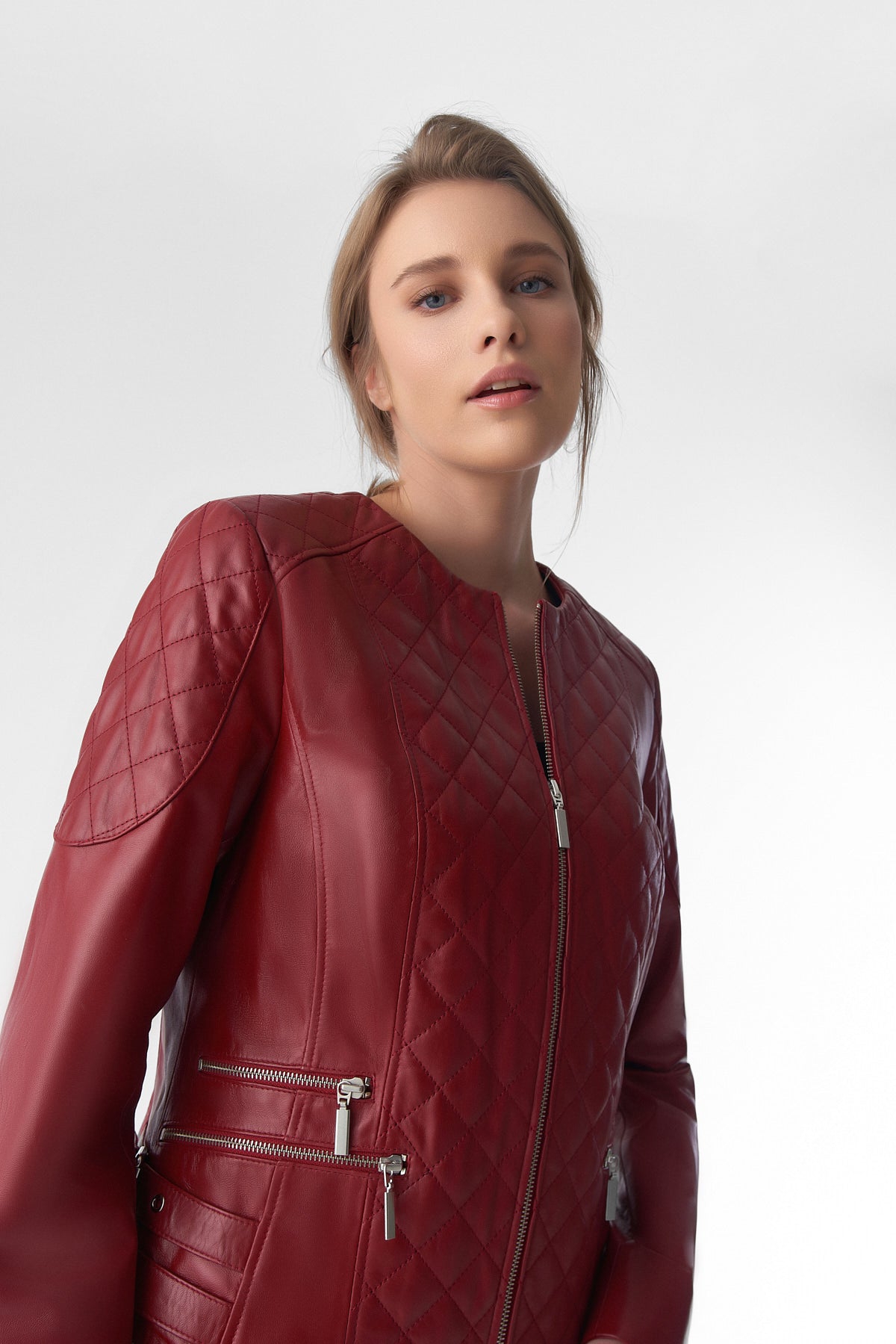 Furniq Uk Women's Genuine Leather Quilted Biker Jacket,- Burgundy