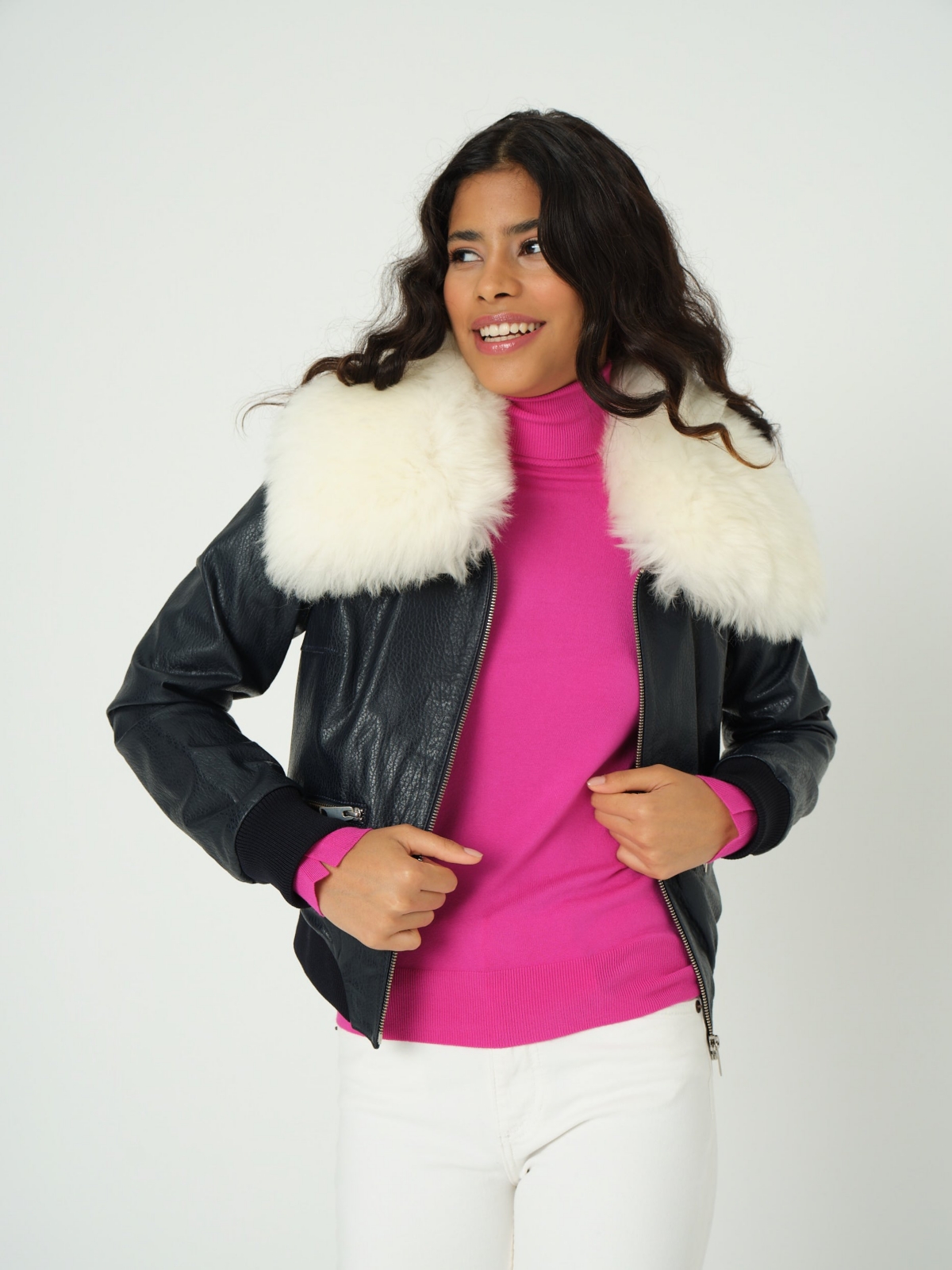 Furniq Uk Women's Detachable Natural Shearling Collar Bomber Jacket, Jumbo Pattern- Navy