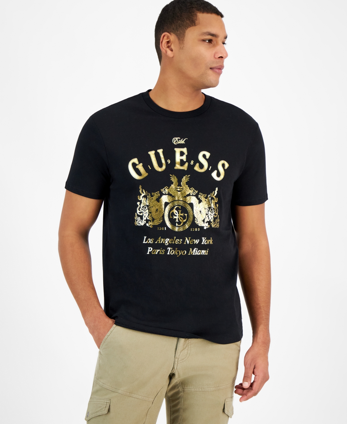 Guess Men's Metallic Gold Crest Logo Graphic T-shirt In Jet Black
