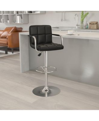 Contemporary Quilted Vinyl Adjustable Height Barstool With Arms