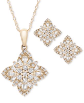 Wrapped In Love Diamond Round Baguette Flower Earrings Pendant Necklace Collection In 14k Yellow Gold Created For Ma
