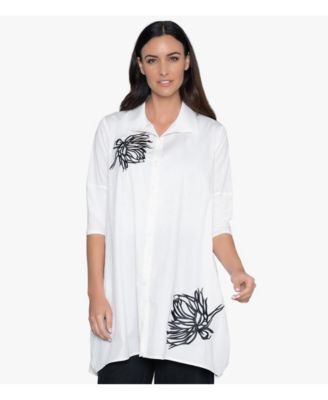 Women's 3/4 Sleeve Embroidered Cotton Poplin Shirt Top Tiburon Tunic Icon