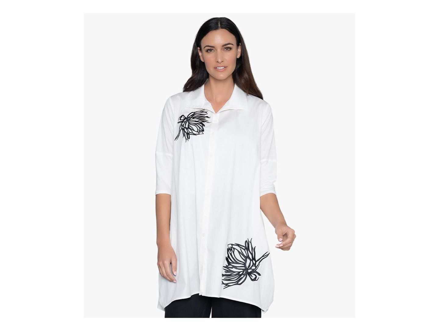 Женская рубашка Stella Carakasi 3/4 Sleeve Embroidered Cotton Poplin Shirt Top Tiburon Tunic Icon, цвет: Мягкий белый — фото 1