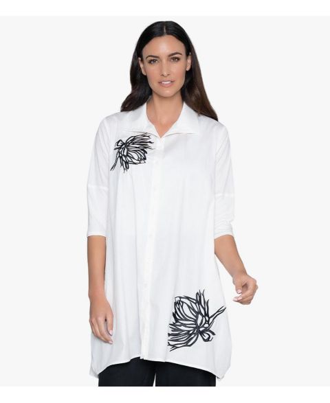 Женская рубашка Stella Carakasi 3/4 Sleeve Embroidered Cotton Poplin Shirt Top Tiburon Tunic Icon, цвет: Мягкий белый