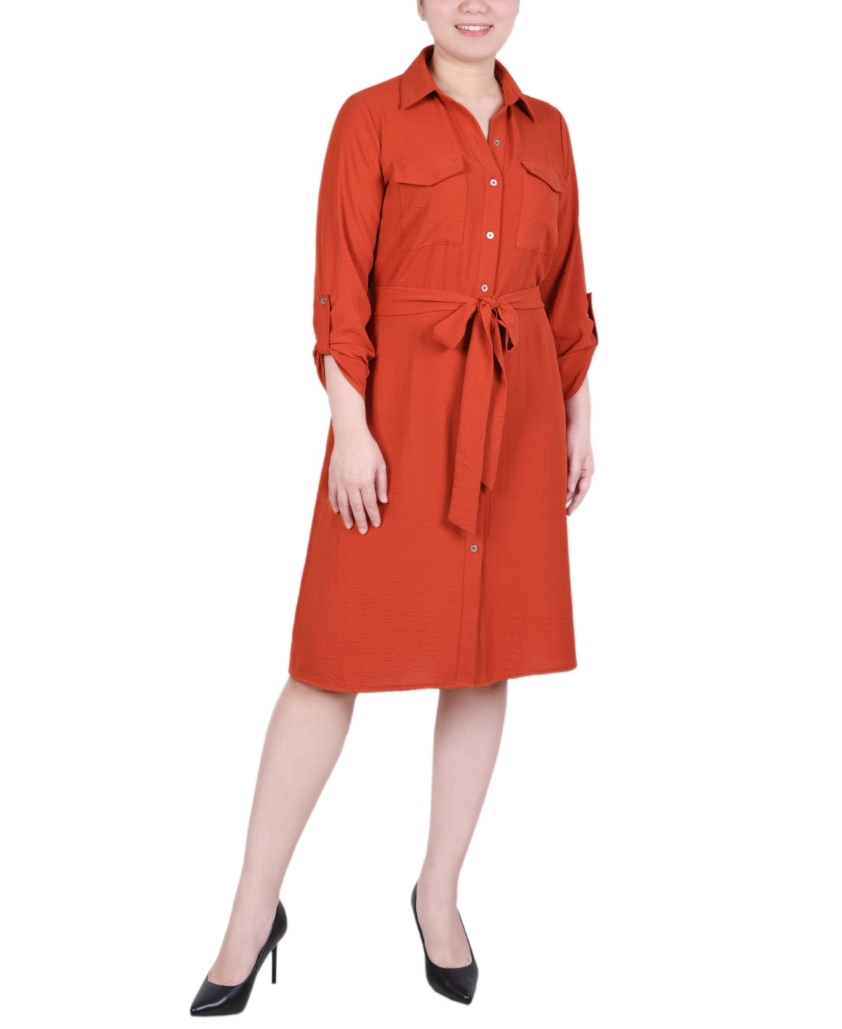 Ny Collection Women's Long Roll Tab Sleeve Shirtdress In Rooibos Tea