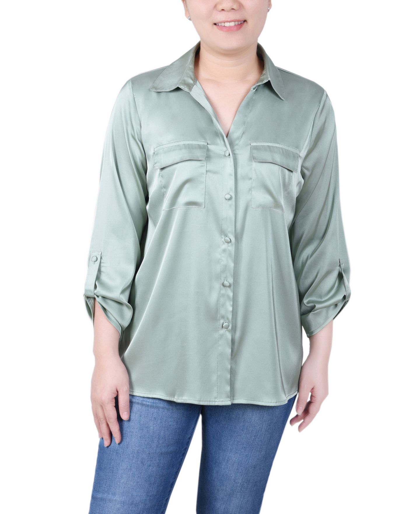 Женская блузка NY Collection Petite 3/4 Sleeve Roll Tab Satin, цвет: Зелёный — фото 1