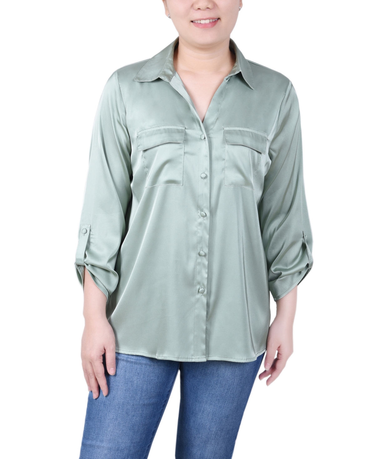 Shop Ny Collection Petite 3/4 Sleeve Roll Tab Satin Blouse In Frosty Green