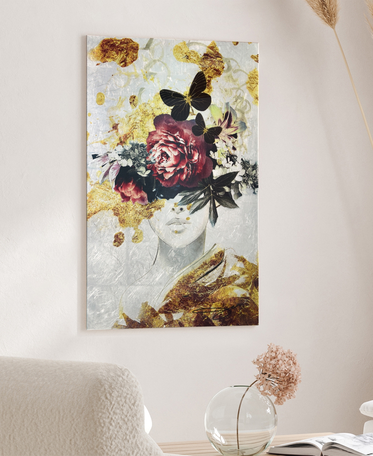 Empire Art Direct "gold-tone Elegance" Reverse Printed Tempered Glass With Silver-tone Leaf, 36" X 24" X 0.2" In Sliver,black,gold,red