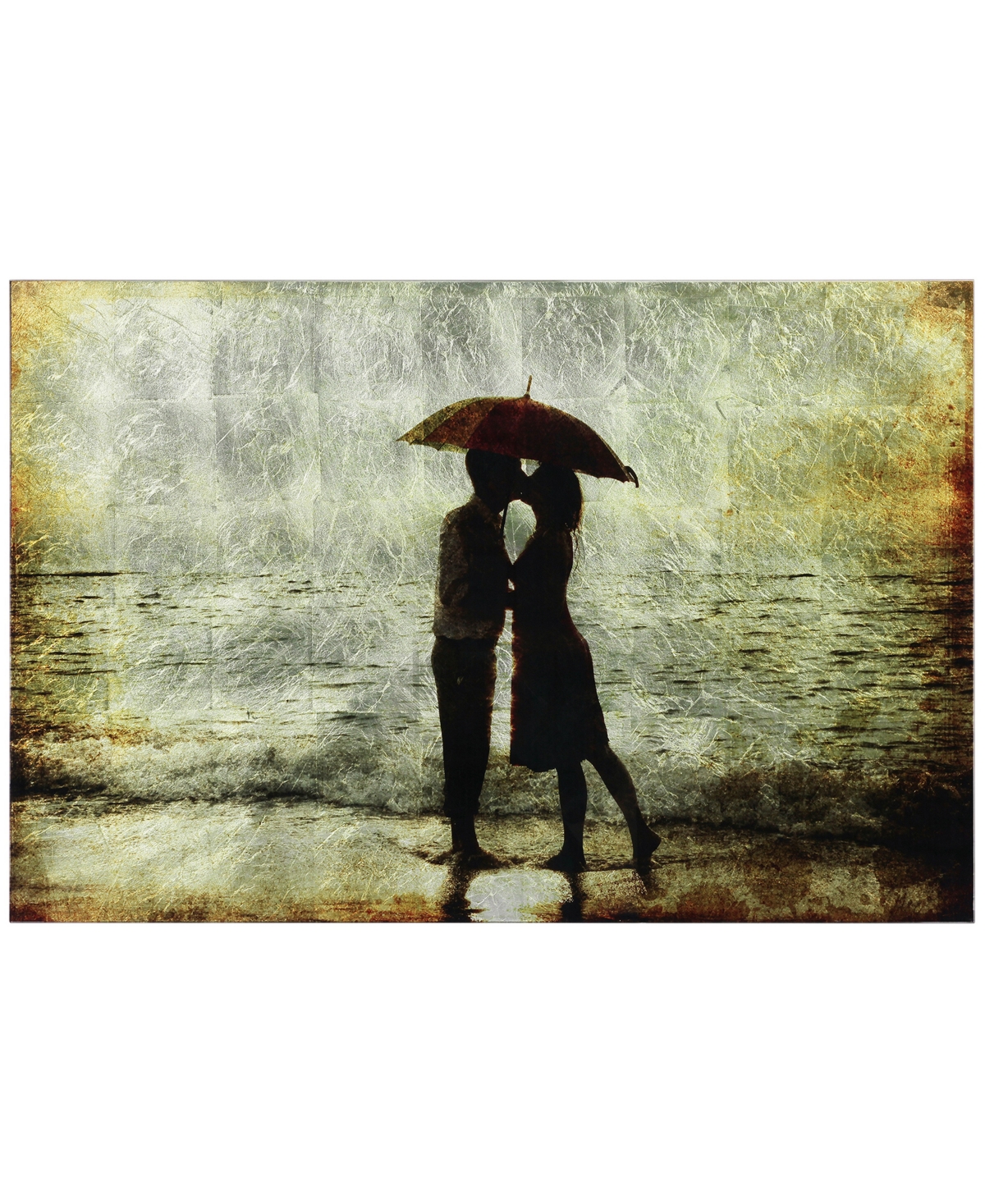 Empire Art Direct "goodby Kiss" Reverse Printed Tempered Glass With Silver-tone Leaf, 32" X 48" X 0.2" In Sliver,black,gold