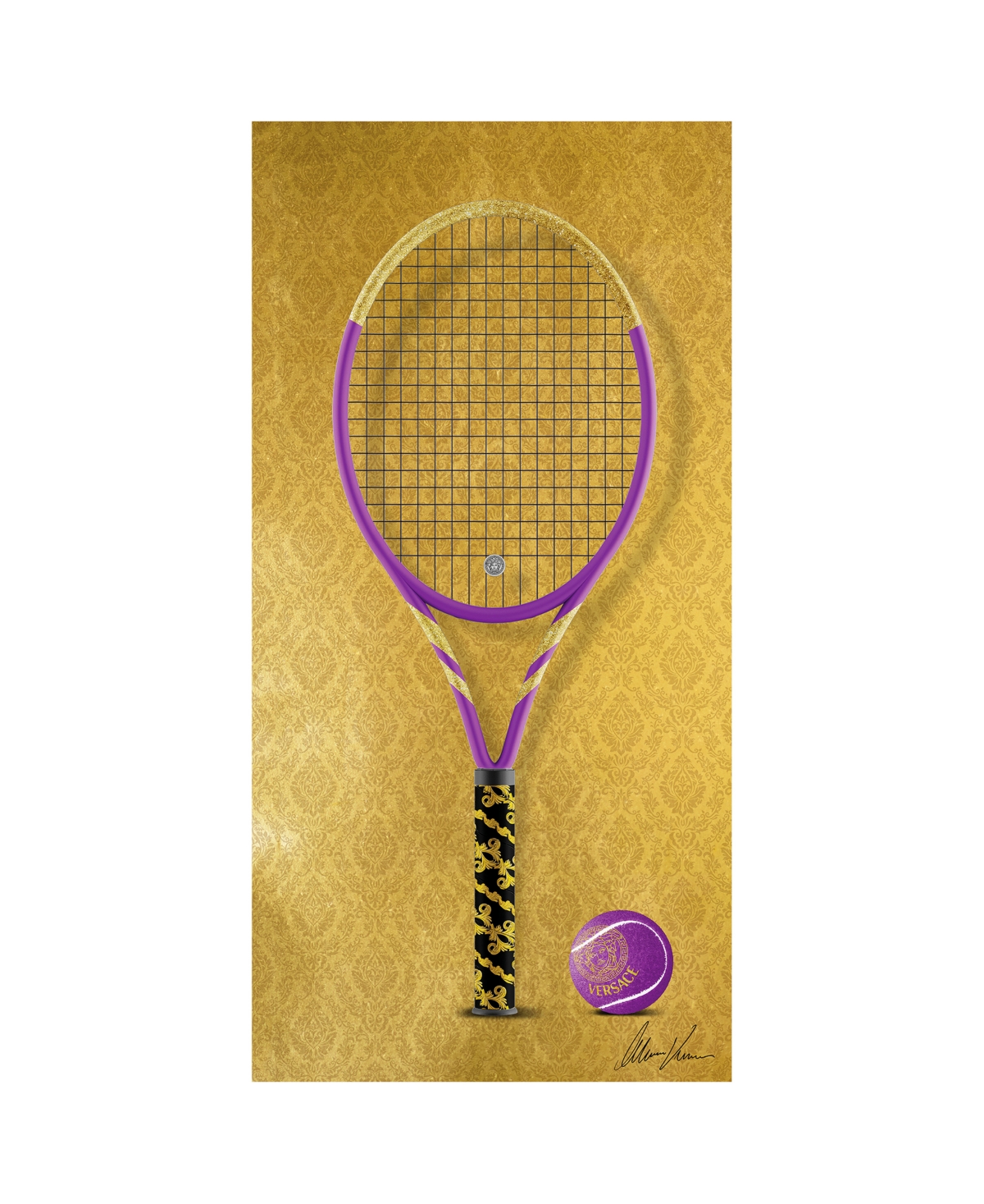 Empire Art Direct "versace Vibes Racquet" Frameless Free Floating Tempered Glass Panel Graphic Wall Art, 24" X 48" X 0 In Gold