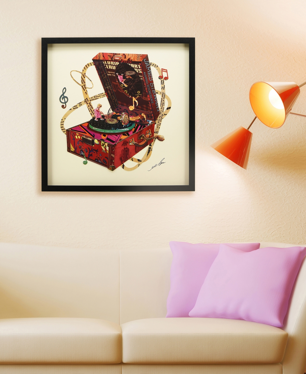 Empire Art Direct "wind Up 78 "hand-made Dimensional Music Box Art Collage, Under Glass, Encased On A Black Shadow Box In Red,multi-color