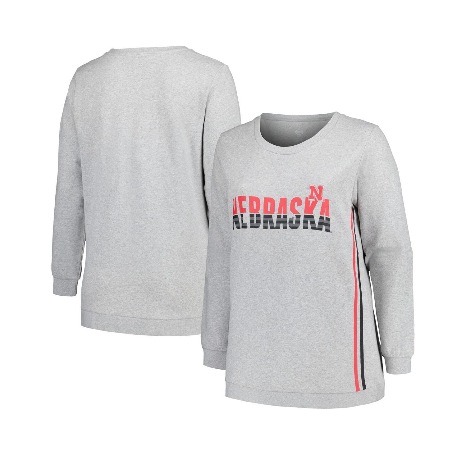Women's Heather Gray Nebraska Huskers Plus Size Side Stripe Pullover Sweatshirt