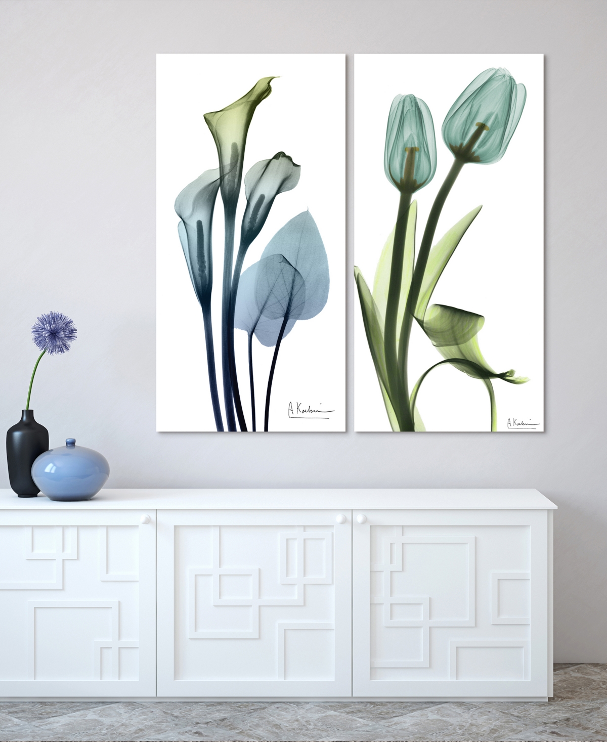 Empire Art Direct "calla Lily And Blue Tulips" Frameless Free Floating Tempered Glass Panel Graphic Wall Art Set Of 2, In Multi-color