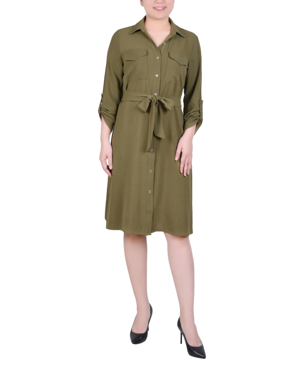 Ny Collection Women's Long Roll Tab Sleeve Shirtdress In Burnt Olive