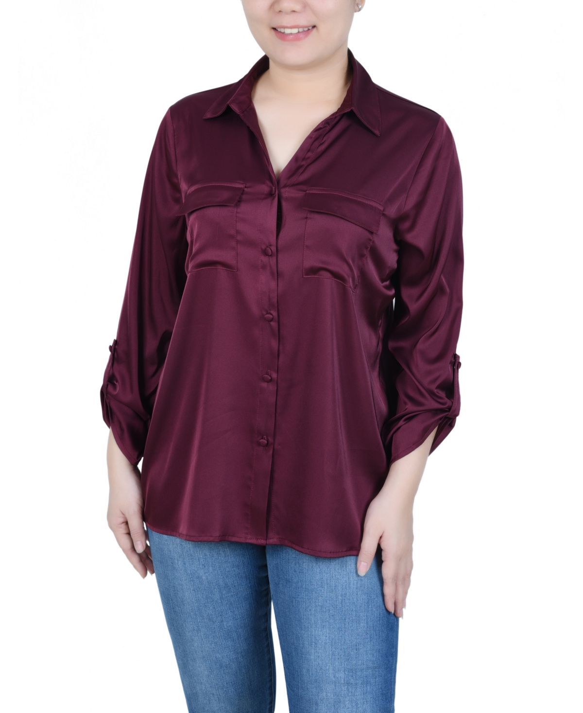 Shop Ny Collection Petite 3/4 Sleeve Roll Tab Satin Blouse In Burgundy