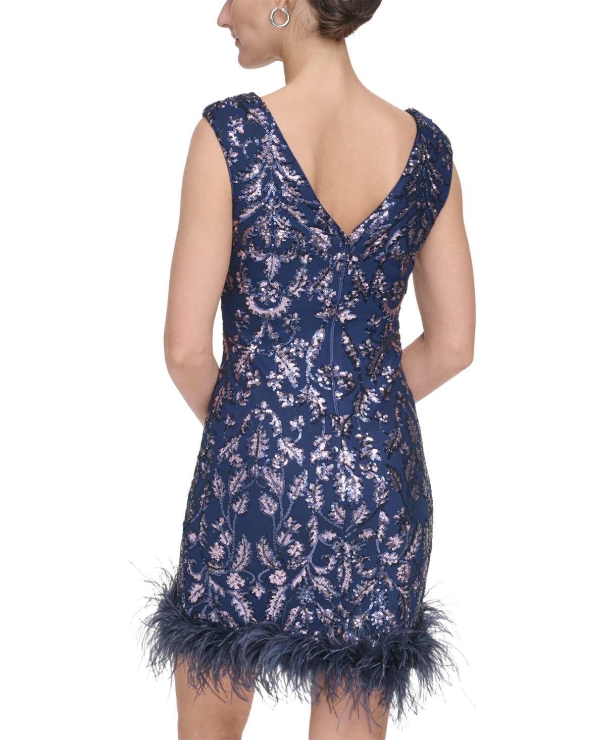 Shop Eliza J Women's Feather-trim Sequin Sheath Dress In Navy Pansy