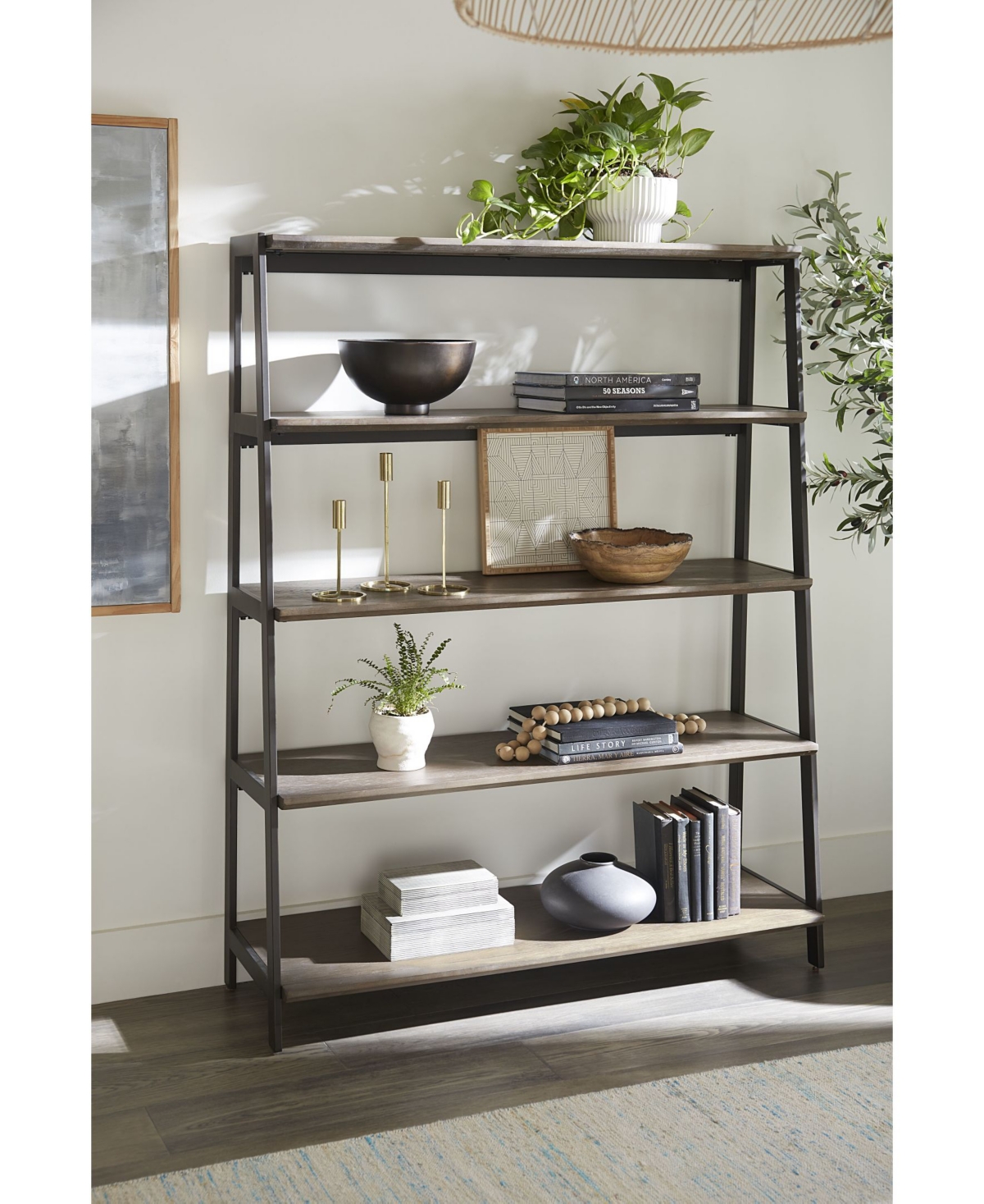 Macy's Finch 59" Wood And Metal Etagere Bookcase In Buckwheat,antique Bronze