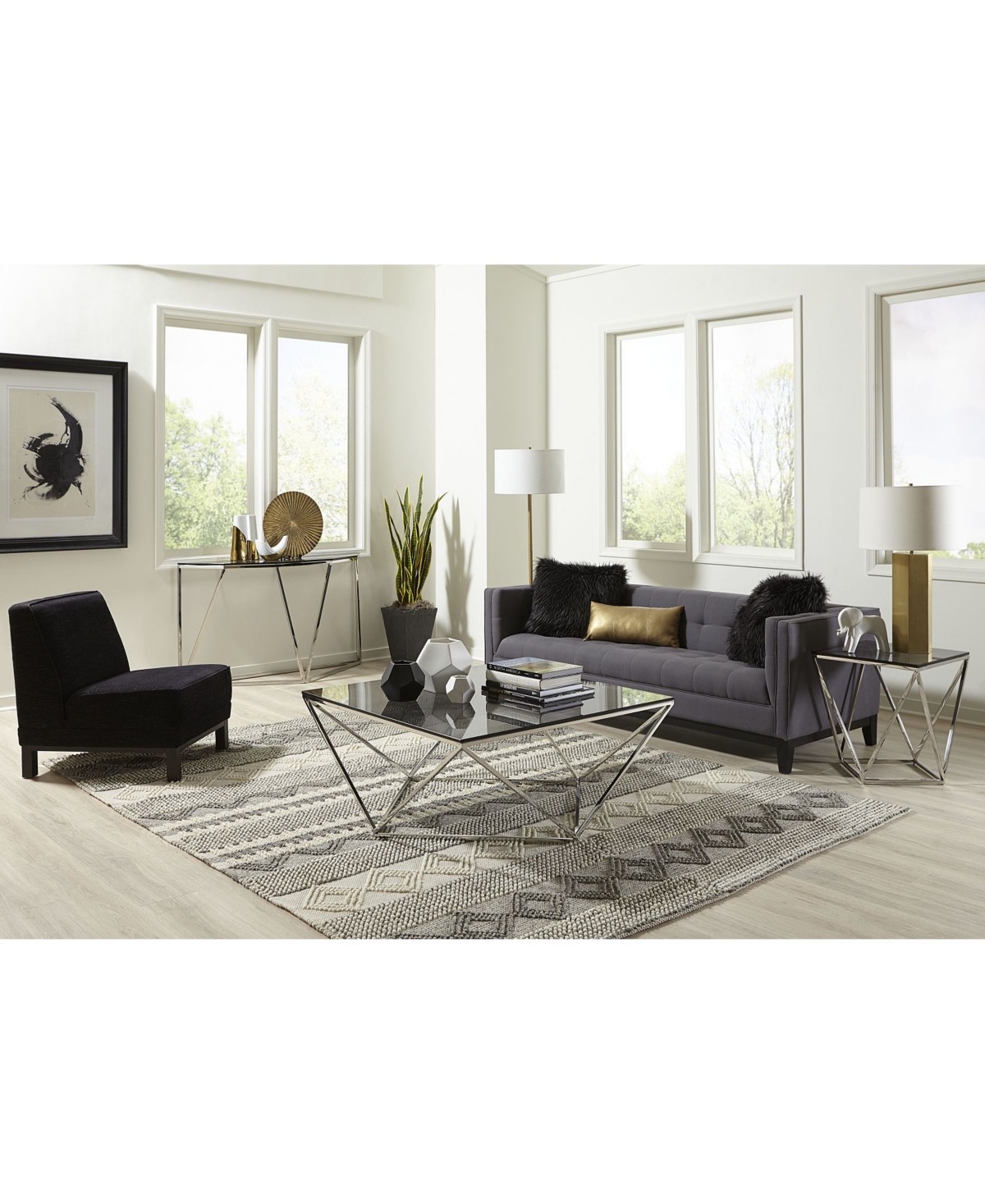 Macy's Aria 22" Smoked Glass And Polished Stainless Steel End Table In Pol Stainless Steel,smoked Glass