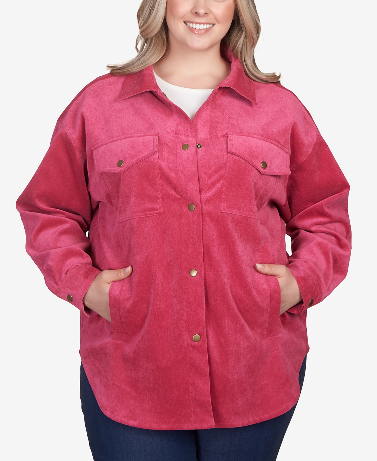 Plus Size Button Up Solid Pincord Jacket - Berry