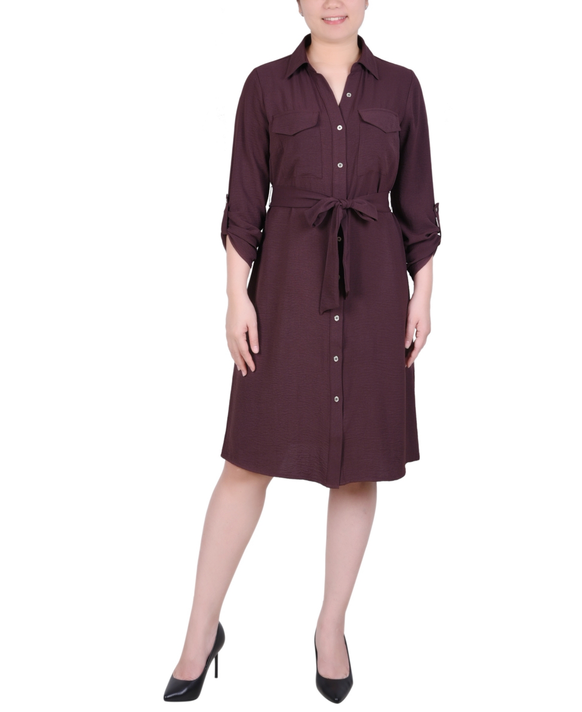 Ny Collection Women's Long Roll Tab Sleeve Shirtdress In Fudge