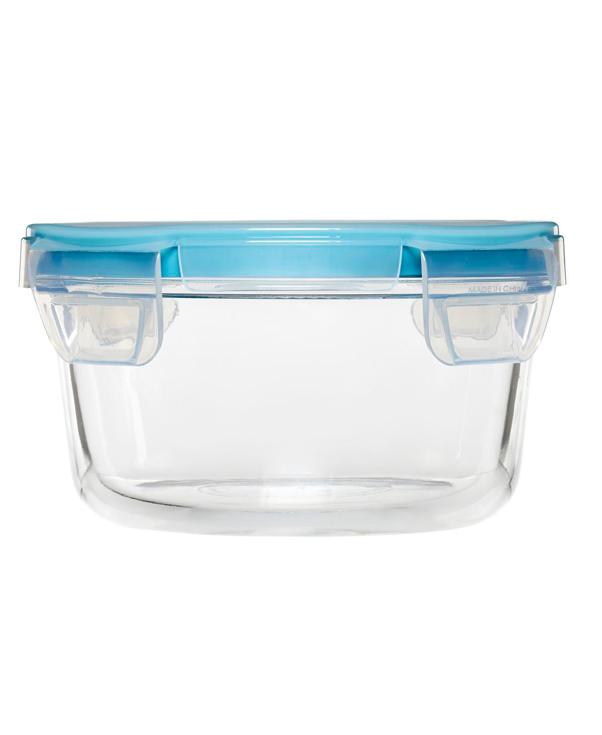 Anchor Hocking Glass 4 Cup Round Food Storage With Truelock Locking Lid, 2 Piece Set In Clear Glass,mineral Blue Lid