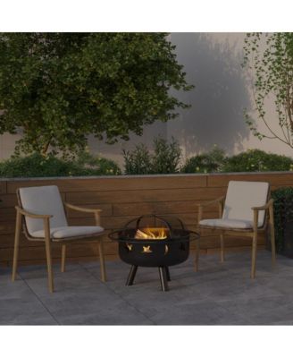 Round Wood Burning Sun & Moon Cutout Outdoor Firepit With Mesh Spark Screen