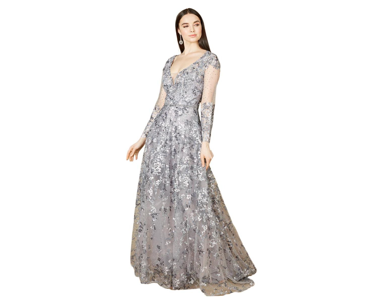 Women's A-line Gown With Long Sleeves, V-Neckline