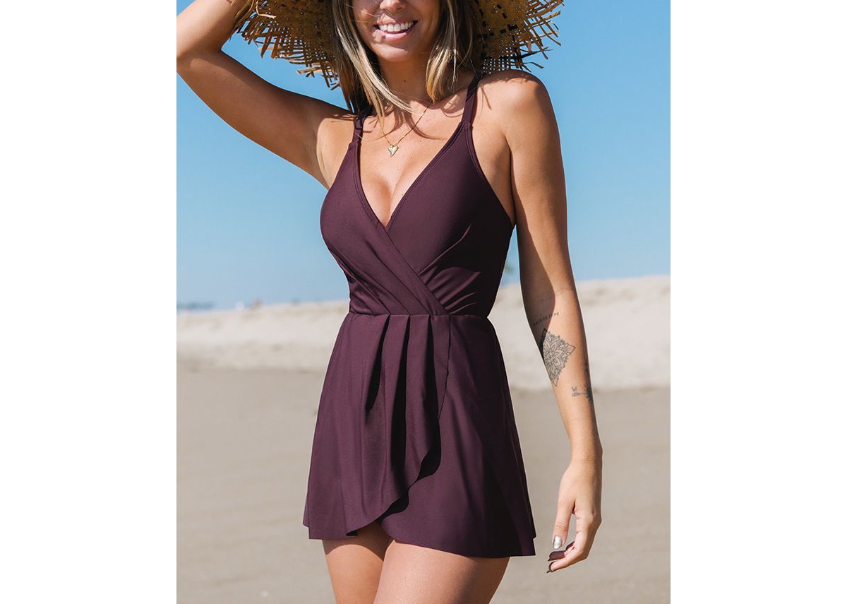 Women's Ruched Cross Back Swim Dress