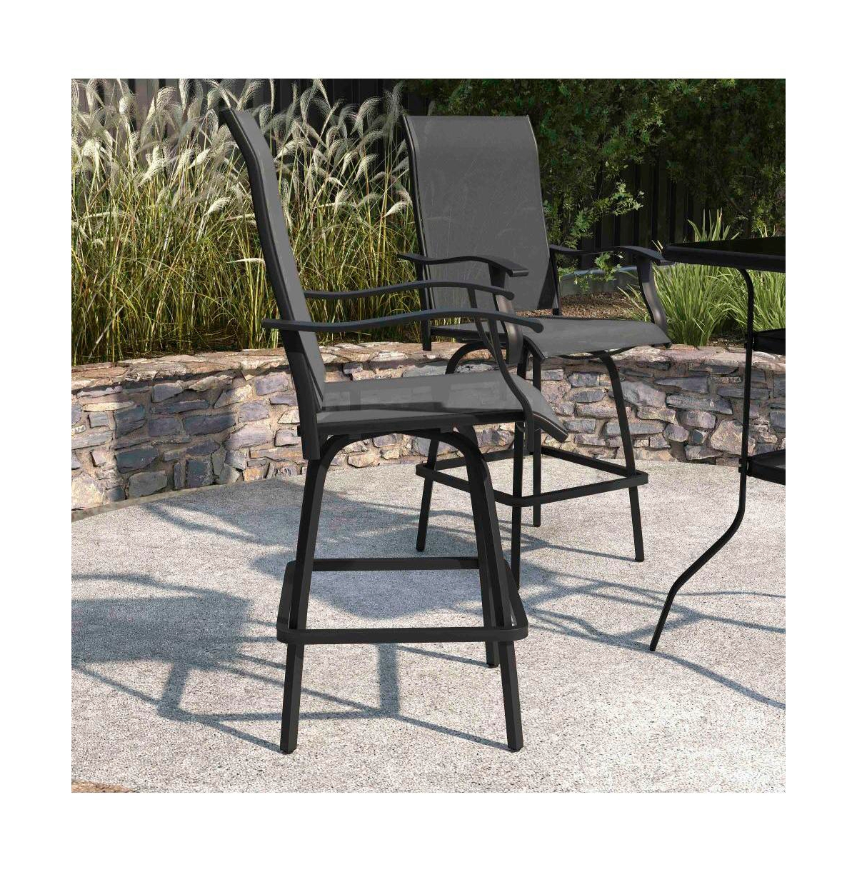 Merrick Lane Set Of 2 Brett High Back Bar Height Swivel Patio Stools With Powder Coated Metal Frames And Textilene Upholstery